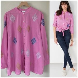 J. Jill Embroidered Button Front Tunic Shirt Blouse